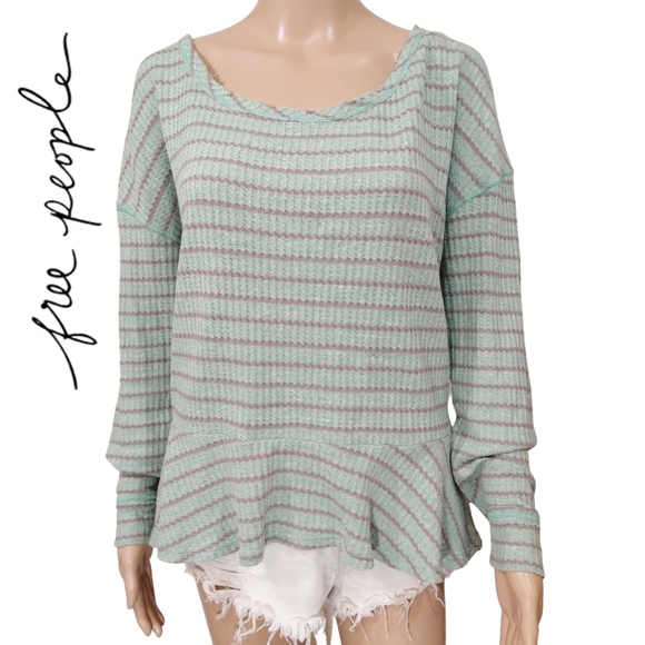 Free People | Auntie Em Mint Green Striped Waffle Knit Peplum Top | Large - Picture 2 of 8